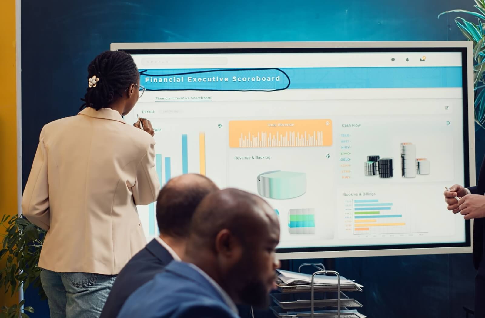 Senior living CFO reviews real-time financial dashboard to protect margins in a team meeting.